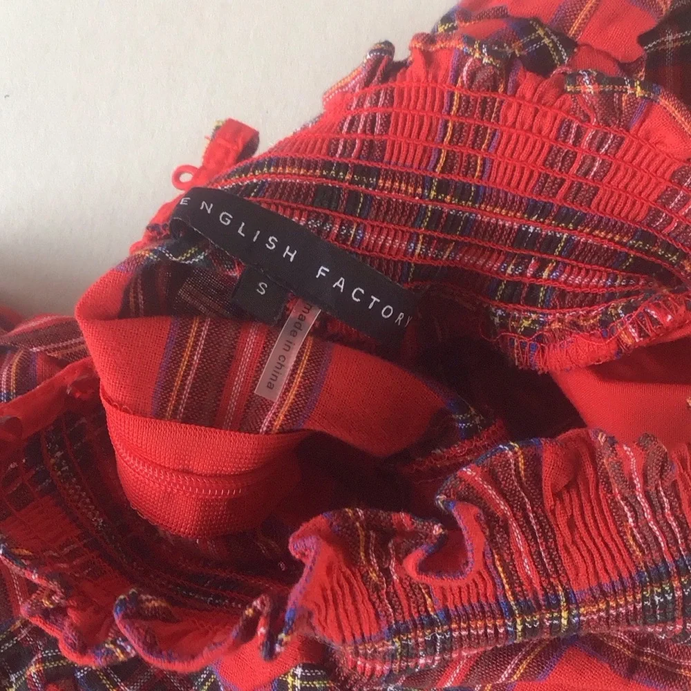 English Factory tartan ruffle blouse